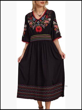 Rayon Mexican Embroidered Boho Midi Dress for Summer Cocktail